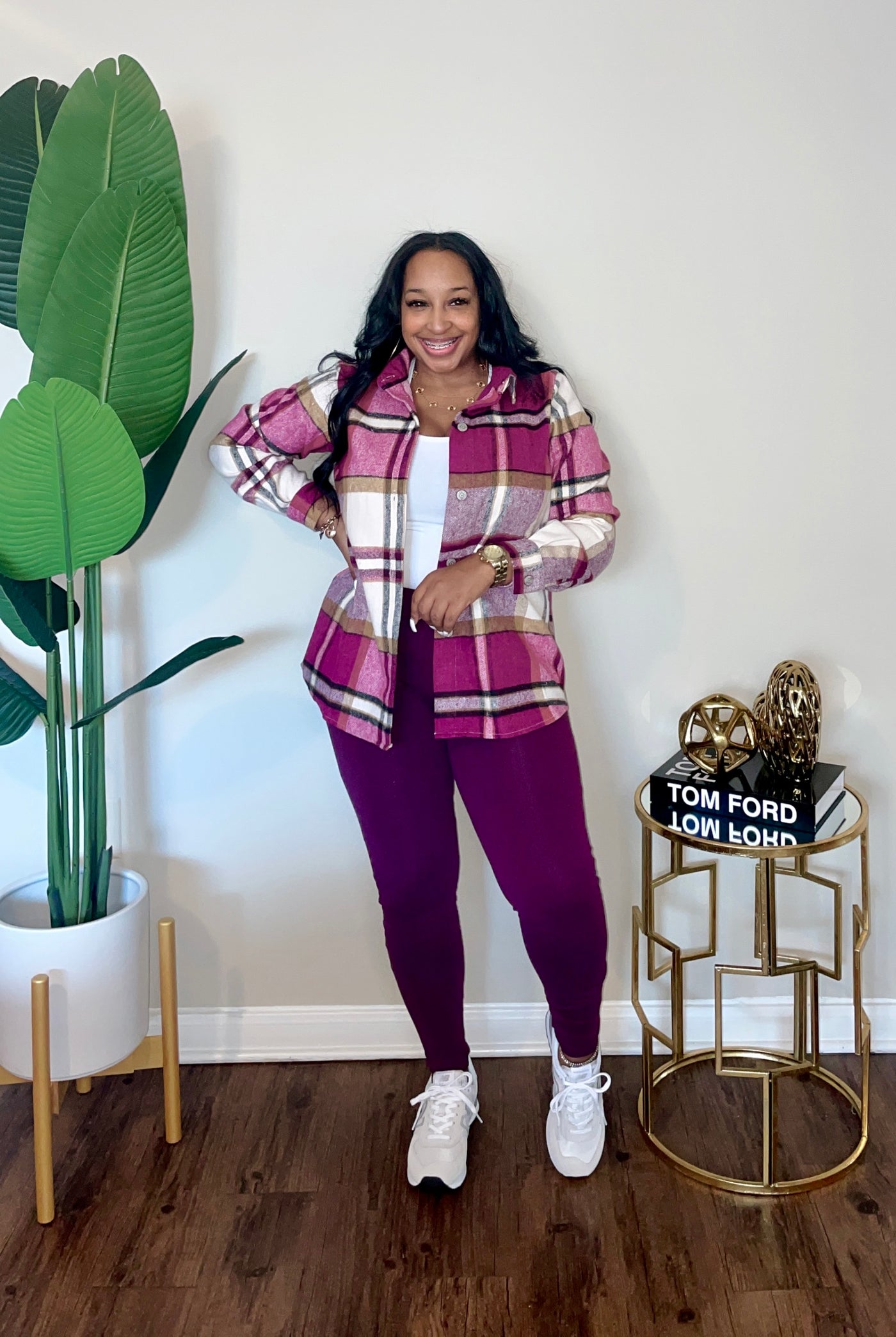 Plaid Shacket Set (Plum)