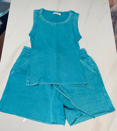 RESTOCK| Essential Acid Wash Short Set (Teal)