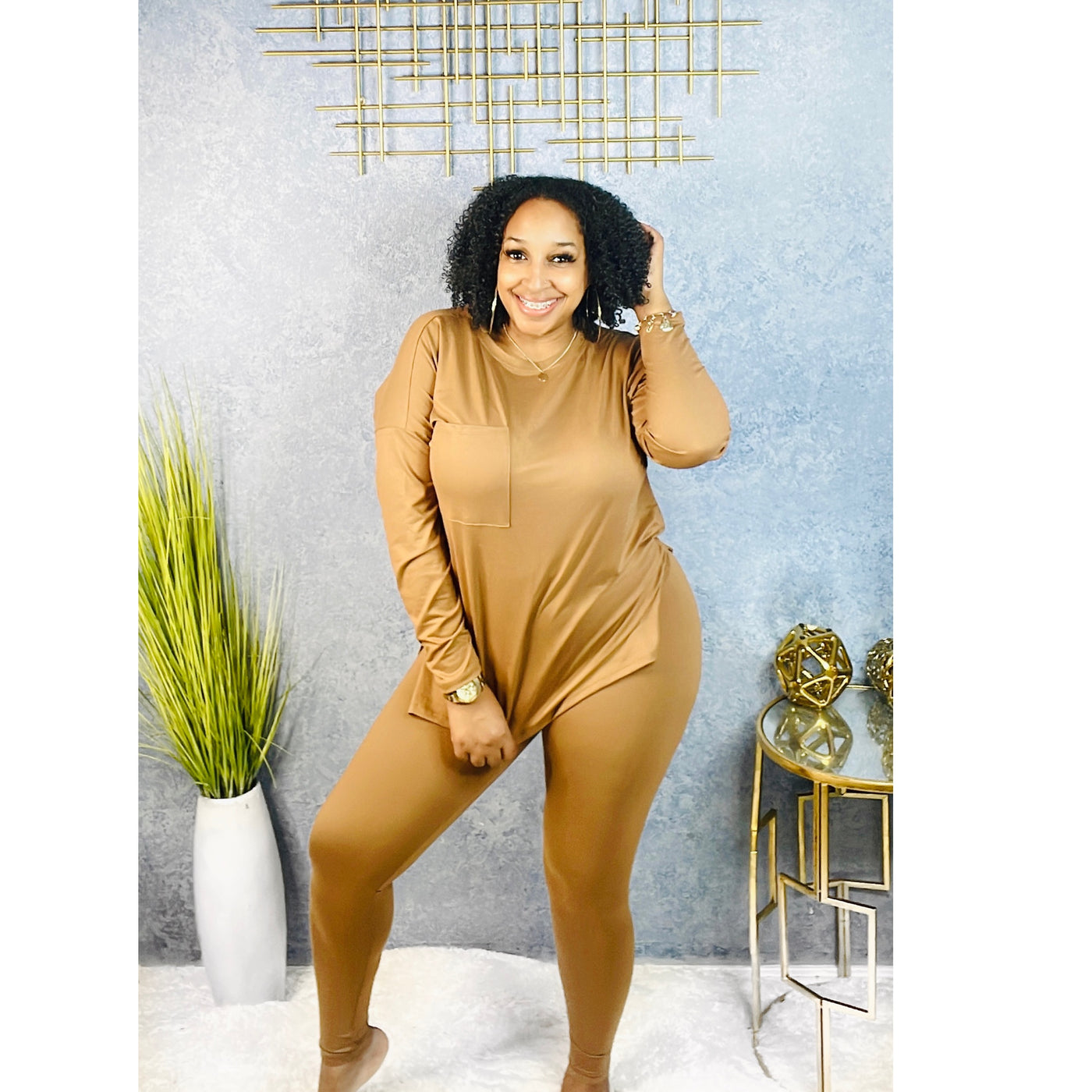 Pocket Tee Leggings Set-Camel (Plus Size)