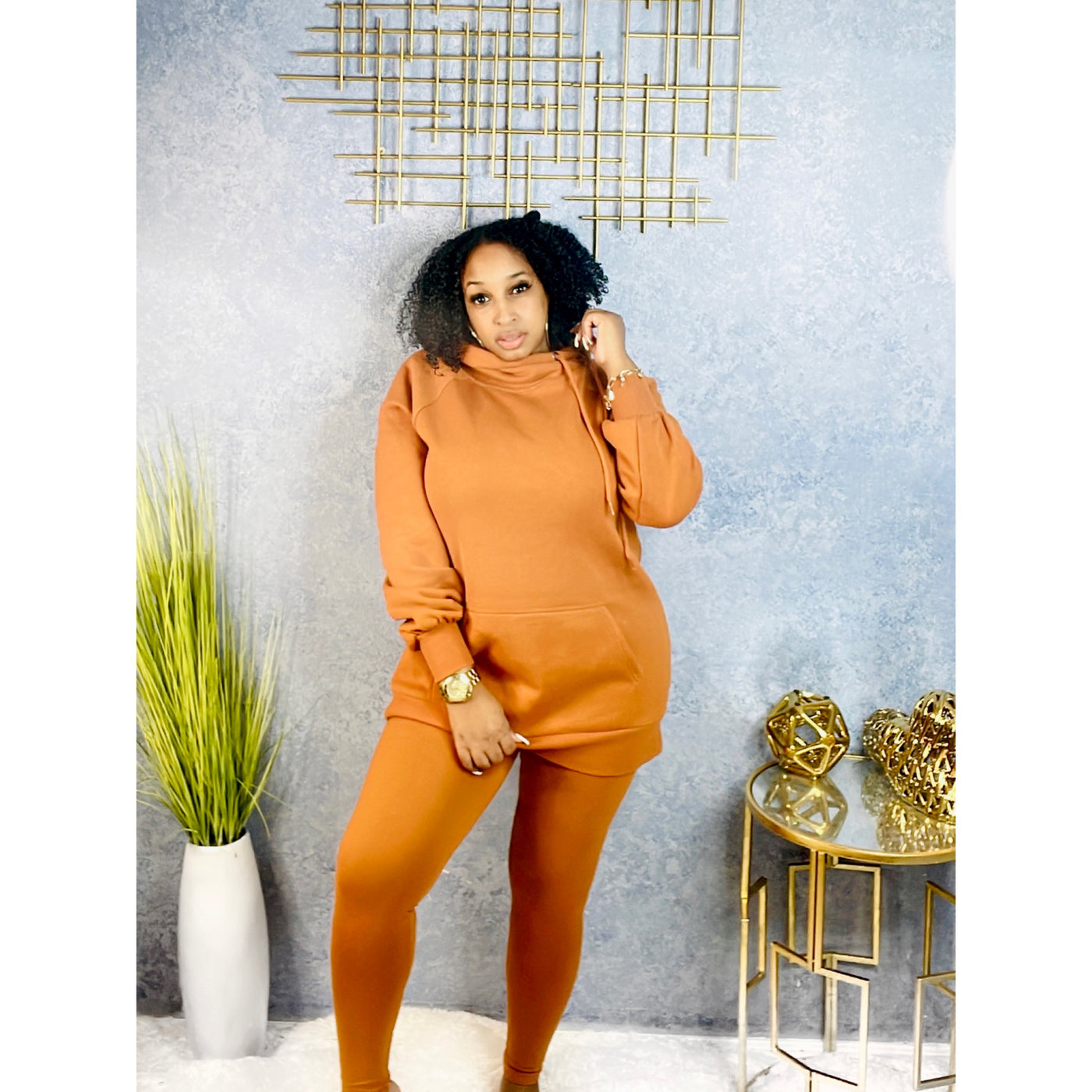 Side Tie Hoodie Leggings Set (Almond)